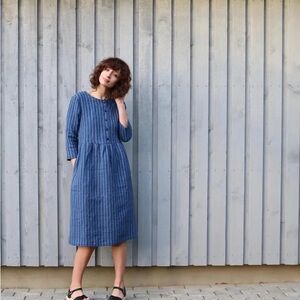 OffOn Clothing Linen Button Front Shirt Dress Midi Womens M Chambray Denim Blue